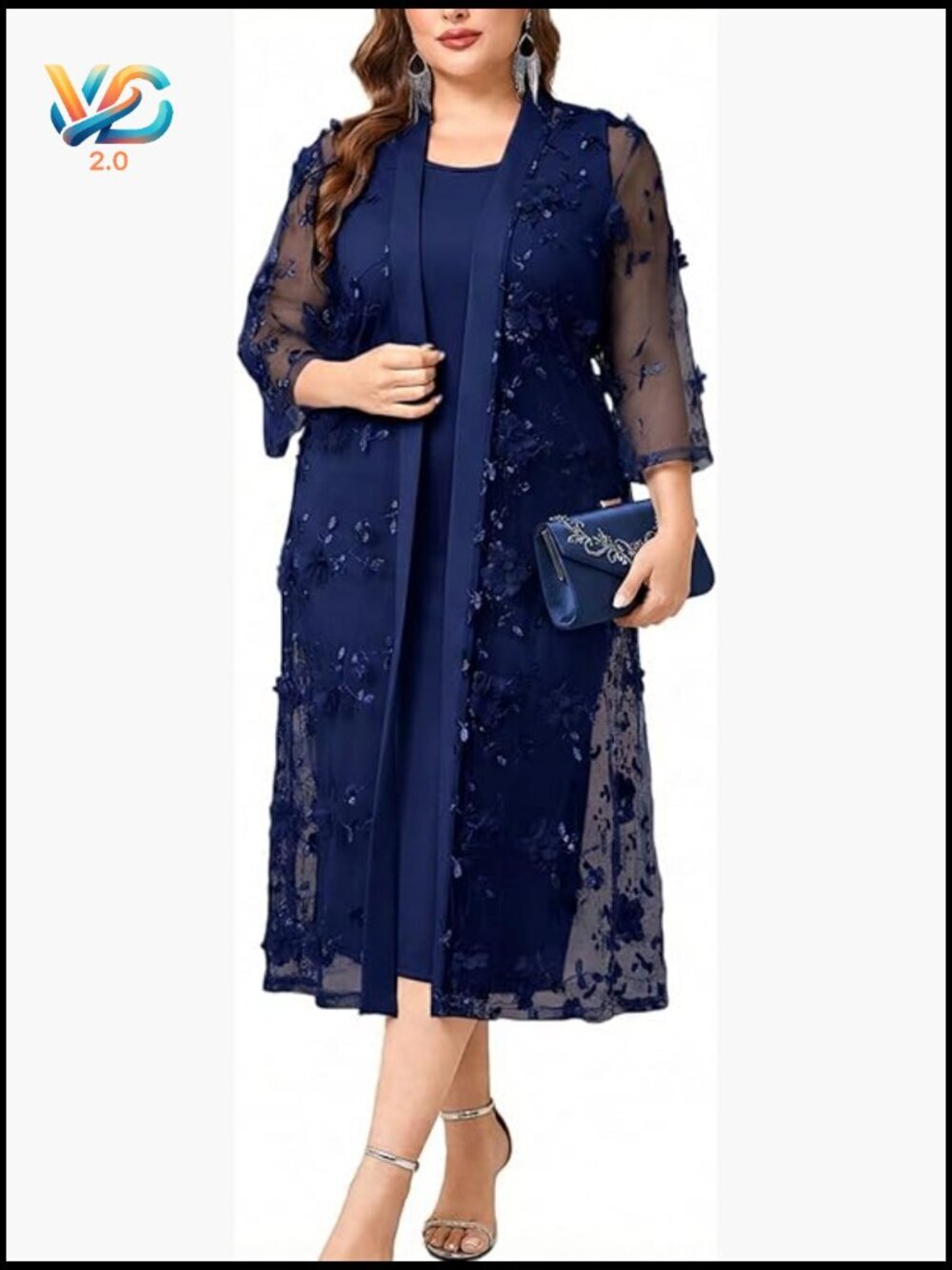 Plus Size Formal 2 Piece Dress Set with 3D Floral Mesh Jacket for Wedding Guest